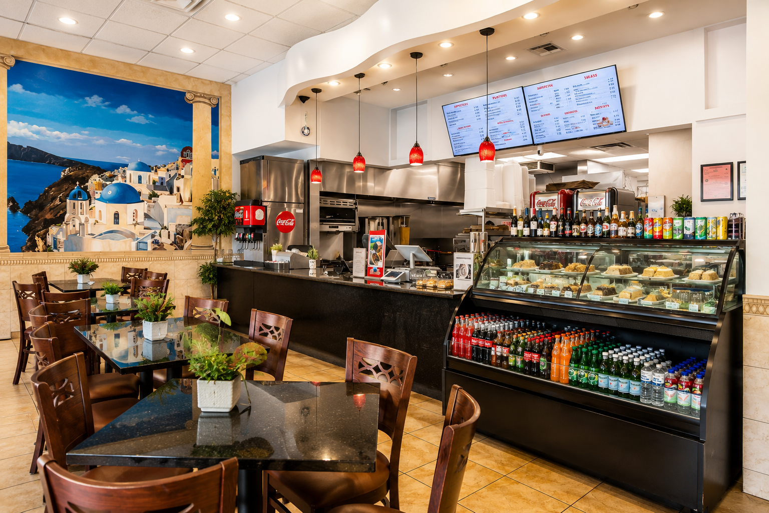 Inside George's Greek Cuisine — counter, menu boards, and dining area