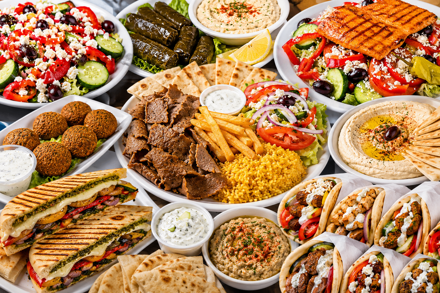 Greek mezze spread with gyros, souvlaki, salad and pita