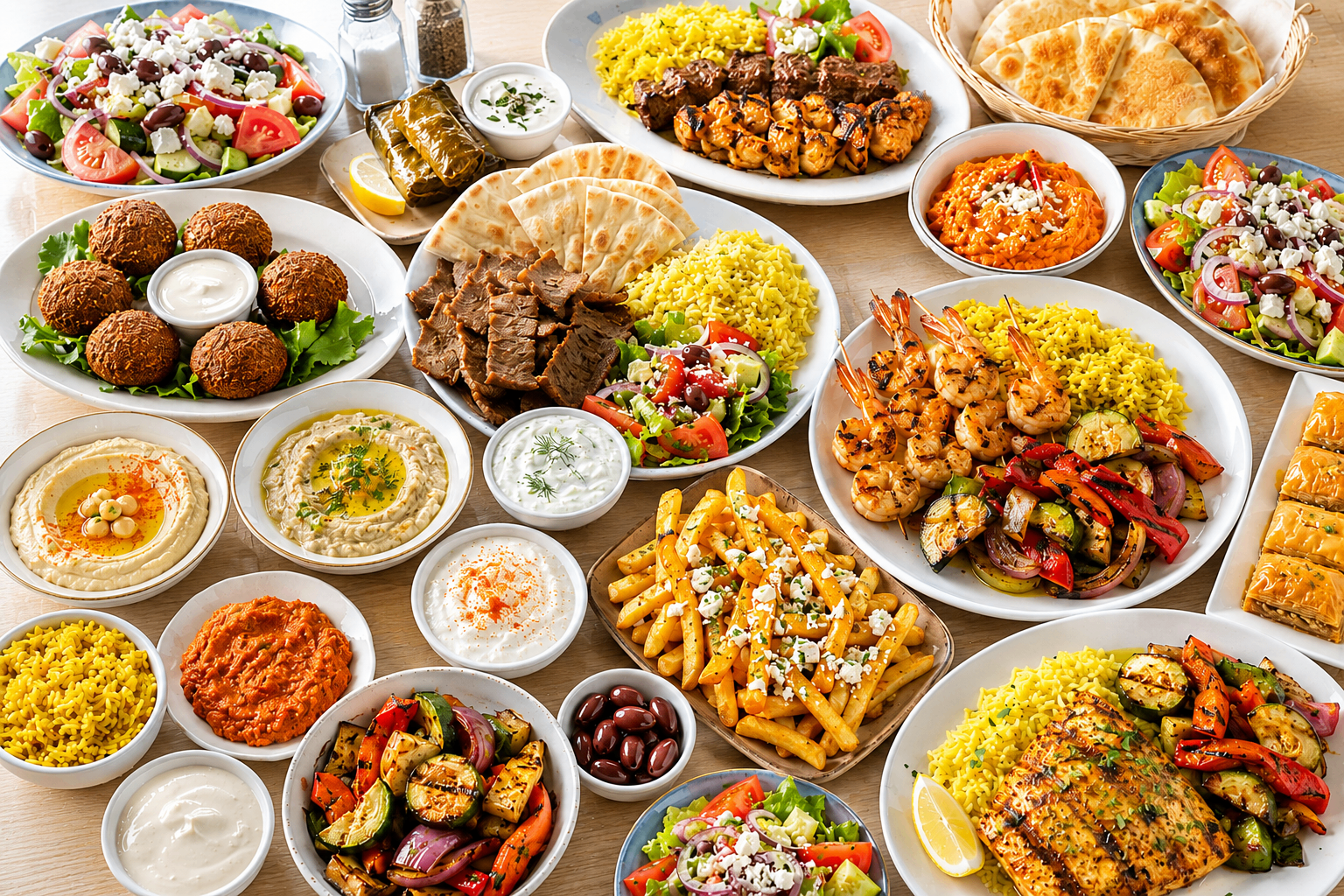Assortment of Greek dishes including kabobs, gyros, falafel, salads and dips